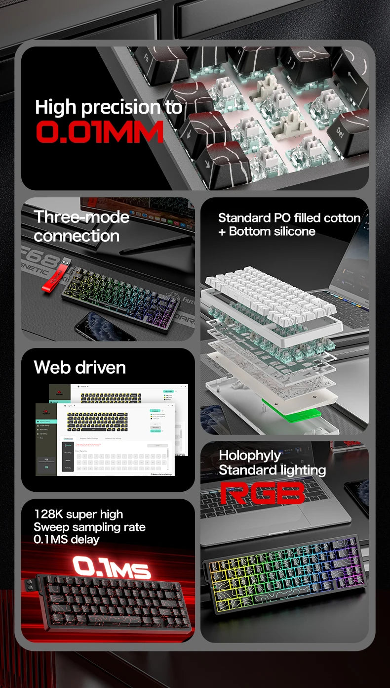Magnetic Switch Gaming Keyboard Attack Shark X68HE And FreeWolf F68/F68Pro 8K Wired 1K Wireless RGB Rapid Trigger Hall Effect