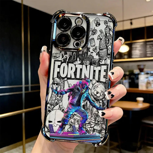Popularne etui na telefon z motywem gry FortniteS i metalizowaną powłoką do iPhone 17 17e 16e 16 15 14 13 12 11 Pro Max X XR XSMax 7 8 Mini Air Plus, odporne na upadki