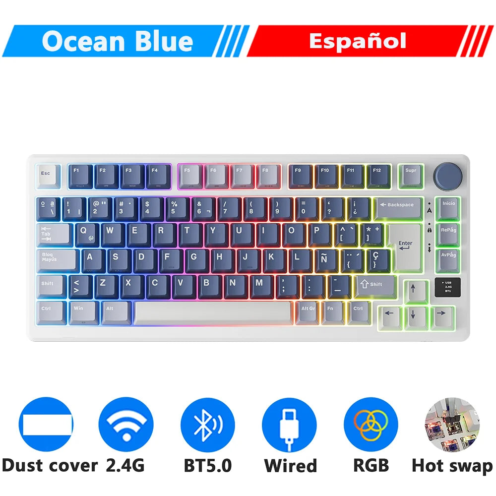 RK ROYAL KLUDGE M75 2.4G Wireless/Bluetooth/USB-C Mechanical Keyboard 81Keys RGB Hot-Swappable Gasket Gamer Keyboard with Screen
