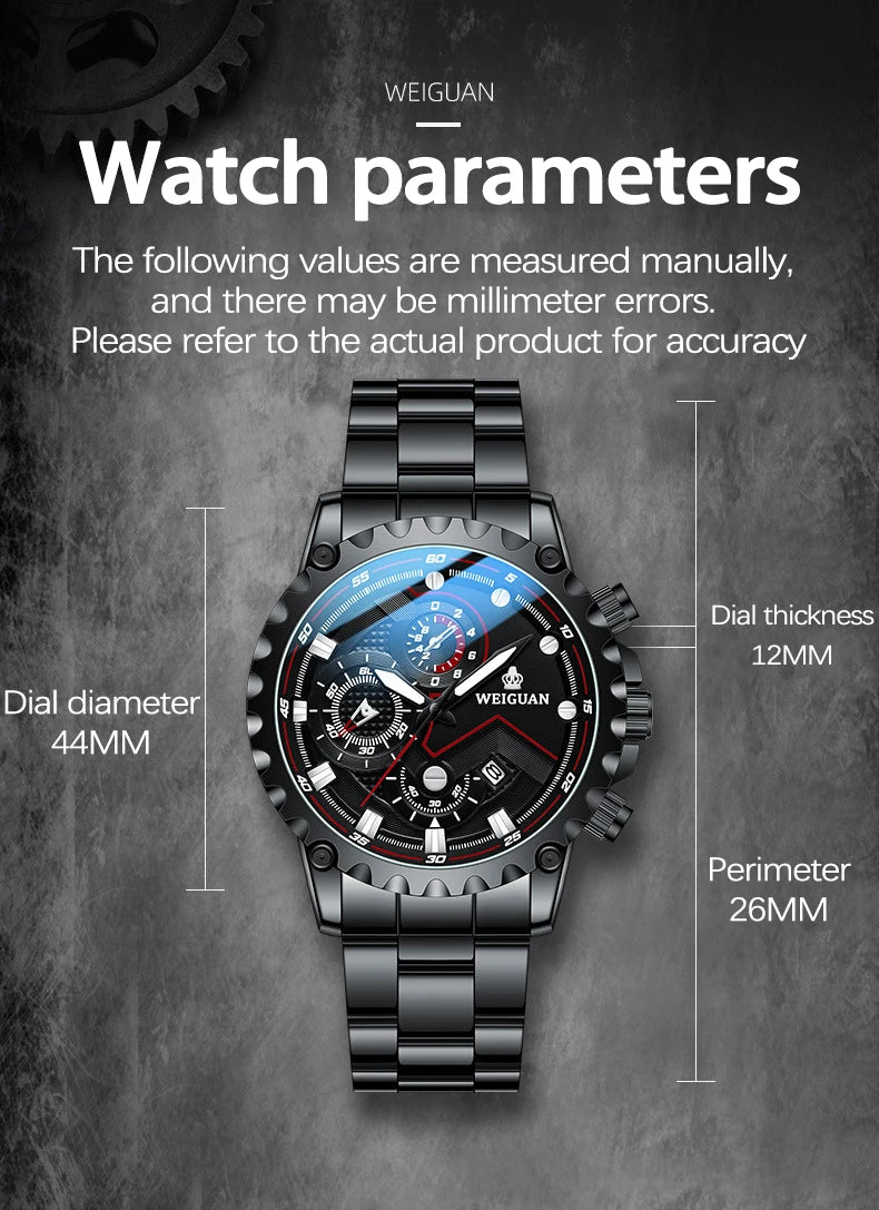 Men's Watch Black Warrior Authentic Trendy Stainless Steel Waterproof Luminous Calendar Male Fashion Quartz Clock Watches Gift