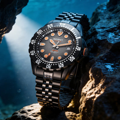 BERNY Men's Automatic Diver Watch Supper Luminous Sapphire AR Coated MIYOTA 8215 316LStainless Steel Single Crown Diving Watches
