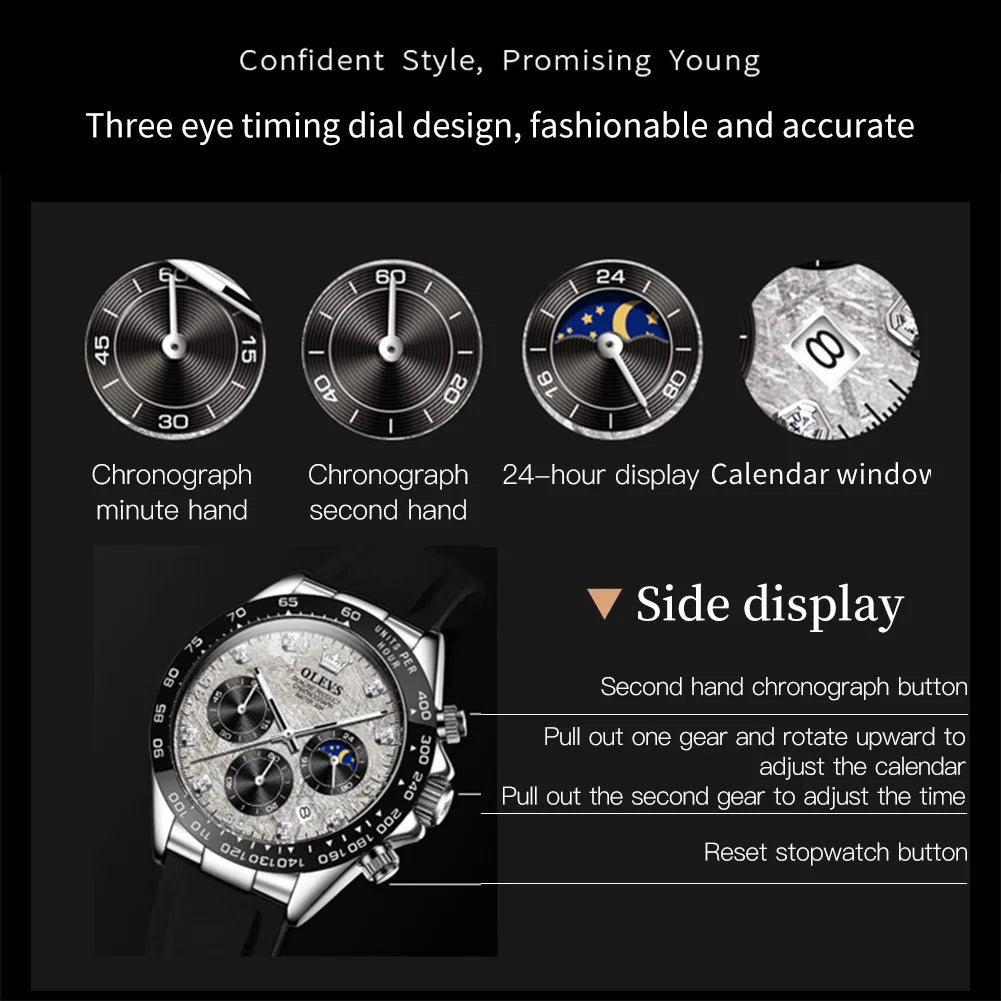 OLEVS 2875 Quartz Watch for Men Original Luxury Brand Silicone Strap Chronograph Auto Date Waterproof Moon Phase Sport Man Watch
