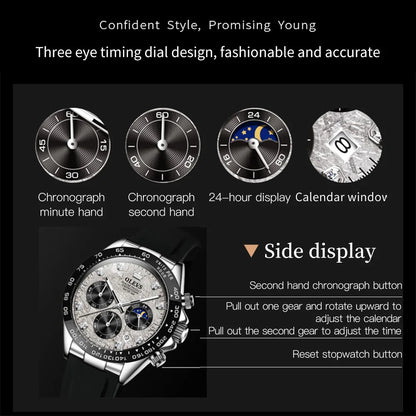OLEVS 2875 Quartz Watch for Men Original Luxury Brand Silicone Strap Chronograph Auto Date Waterproof Moon Phase Sport Man Watch