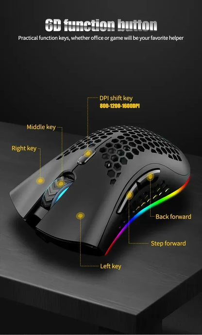 BM600 Wireless Gaming Mouse USB 2.4GHz Rechargeable RGB Wireless Mouse, Ergonomic Honeycomb Optical Mouse for PC, Laptop & Office