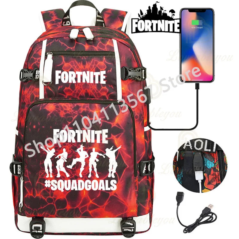 Yule Trooper F-Fortnited Battle Royale Backpack with USB Charging Anime Figures Study Stationery Compartment Students Mochila