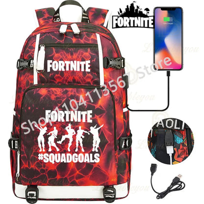 Yule Trooper F-Fortnited Battle Royale Backpack with USB Charging Anime Figures Study Stationery Compartment Students Mochila