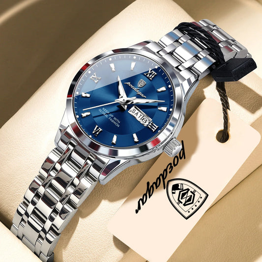 Montre de luxe élégante pour femme POEDAGAR, lumineuse, étanche, en acier inoxydable, à quartz, avec date et jour de la semaine.