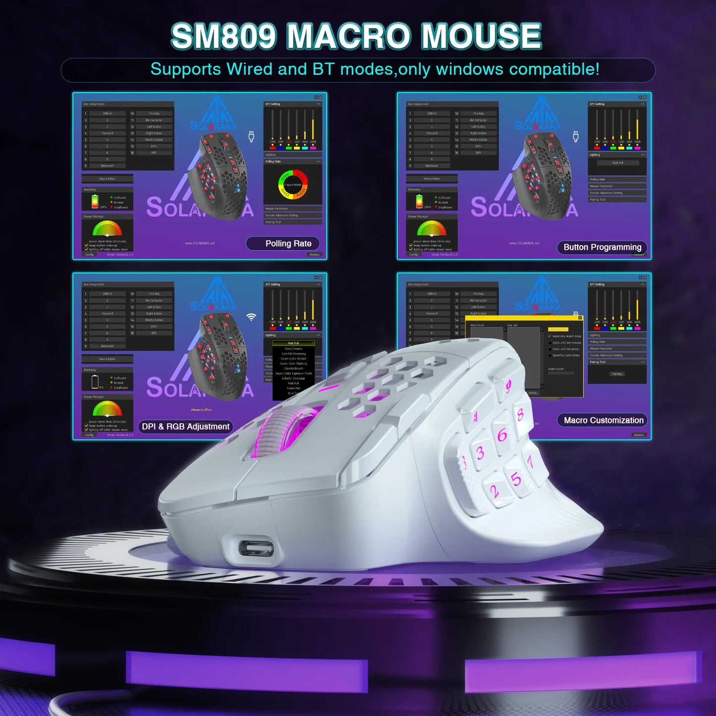 SOLAKAKA SM809 Pro Wireless MMO Gaming Mouse, PAW3311 24000 DPI RGB Programmable Gaming Mouse with 16 Side Buttons, Tri-Mode Bluetooth, 2.4GHz & Wired