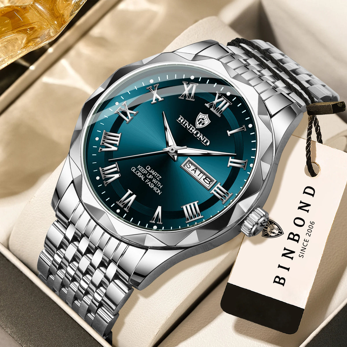 Reloj de pulsera de lujo de cuarzo BINBOND Original Brand para hombre, luminiscente, resistente al agua, con fecha automática, indicación del día de la semana y estilo informal.