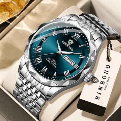 Reloj de pulsera de lujo de cuarzo BINBOND Original Brand para hombre, luminiscente, resistente al agua, con fecha automática, indicación del día de la semana y estilo informal.