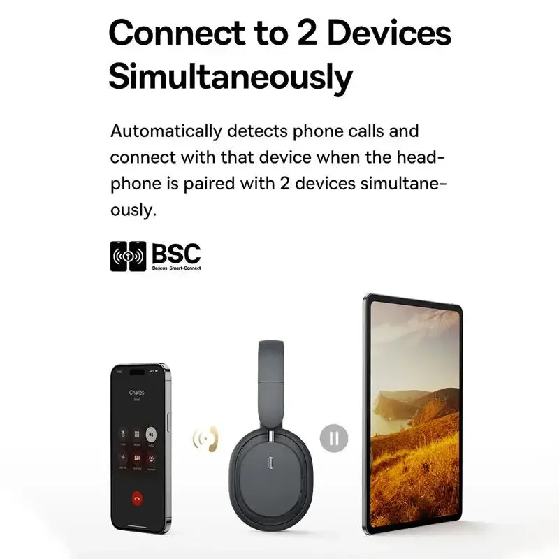 Auscultadores Over-Ear Sem Fios Bluetooth 5.3 Baseus – Driver HiFi de 40mm, Headset Dobrável com 70H de Autonomia e Áudio Espacial