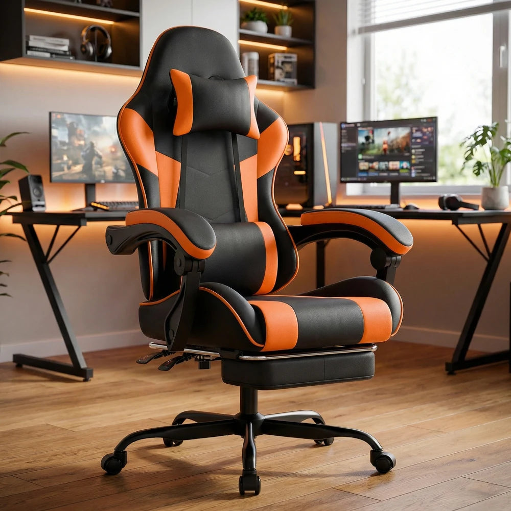 Ergonomic Gaming Chair with Lumbar Support, Adjustable Office Chair, Breathable PU Leather Computer Chair with Footrest & Reclining Backrest