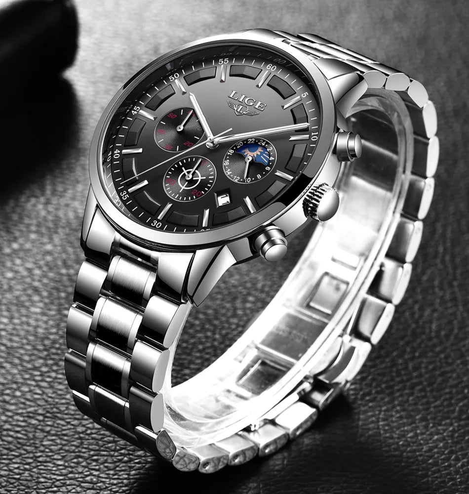 LIGE herenhorloge – Luxe quartz-chronograaf, waterdicht (3 bar), met lichtgevende wijzers – Cadeautip (inclusief doos)
