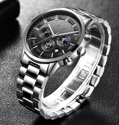 LIGE herenhorloge – Luxe quartz-chronograaf, waterdicht (3 bar), met lichtgevende wijzers – Cadeautip (inclusief doos)
