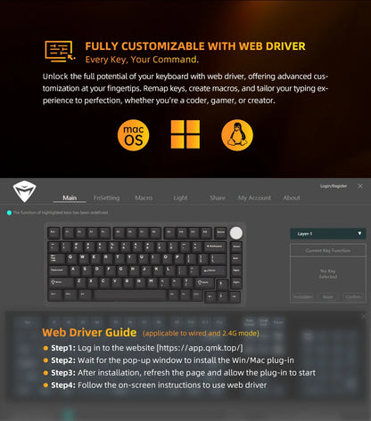 Teclado Mecânico Gaming Sem Fios Machenike K600-B82W Trimodo, Montagem Gasket, Layout ANSI 75% e Retroiluminação RGB