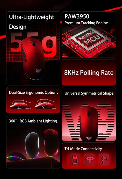 Aula V9 Ultra Kabellose E-Sports-Gaming-Maus Double 8k 3mode PAW 3950 8k 55g Leichte ergonomische Maus – individuelles PC-Zubehör