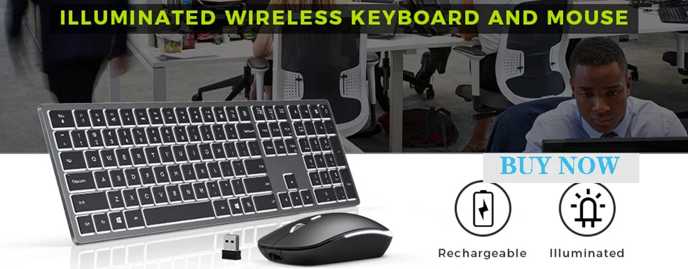 Conjunto de Teclado e Rato Sem Fios com Retroiluminação RGB, Letras Iluminadas Recarregáveis, Tamanho Completo, Ergonómico, Modo de Suspensão, 2.4GHz