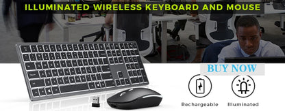 Conjunto de Teclado e Rato Sem Fios com Retroiluminação RGB, Letras Iluminadas Recarregáveis, Tamanho Completo, Ergonómico, Modo de Suspensão, 2.4GHz