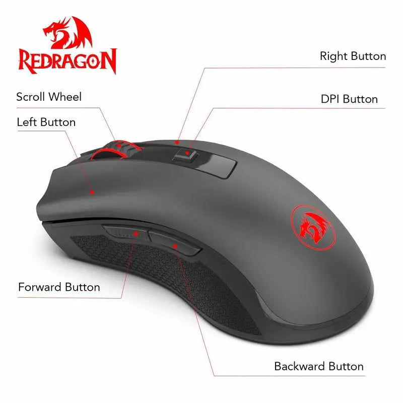 Mouse wireless ottico Redragon M652 2.4G con ricevitore USB, mouse portatile per gaming e ufficio, 5 livelli DPI regolabili