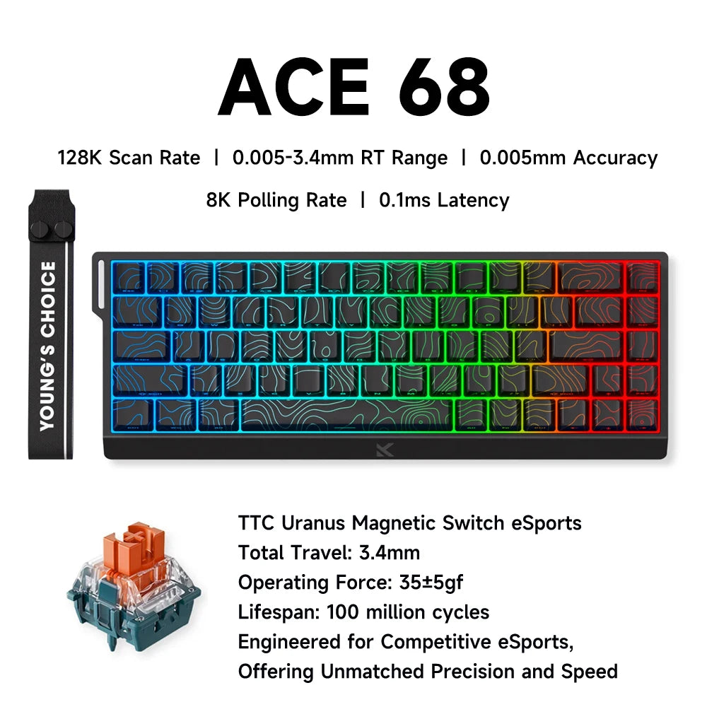 Teclado Gaming MCHOSE ACE 68 com Switches Magnéticos Hall Effect, Rapid Trigger, RGB Programável, 8K Hz, DKS/MT/TGL/RS/SOCD