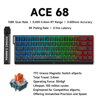 Teclado Gaming MCHOSE ACE 68 com Switches Magnéticos Hall Effect, Rapid Trigger, RGB Programável, 8K Hz, DKS/MT/TGL/RS/SOCD