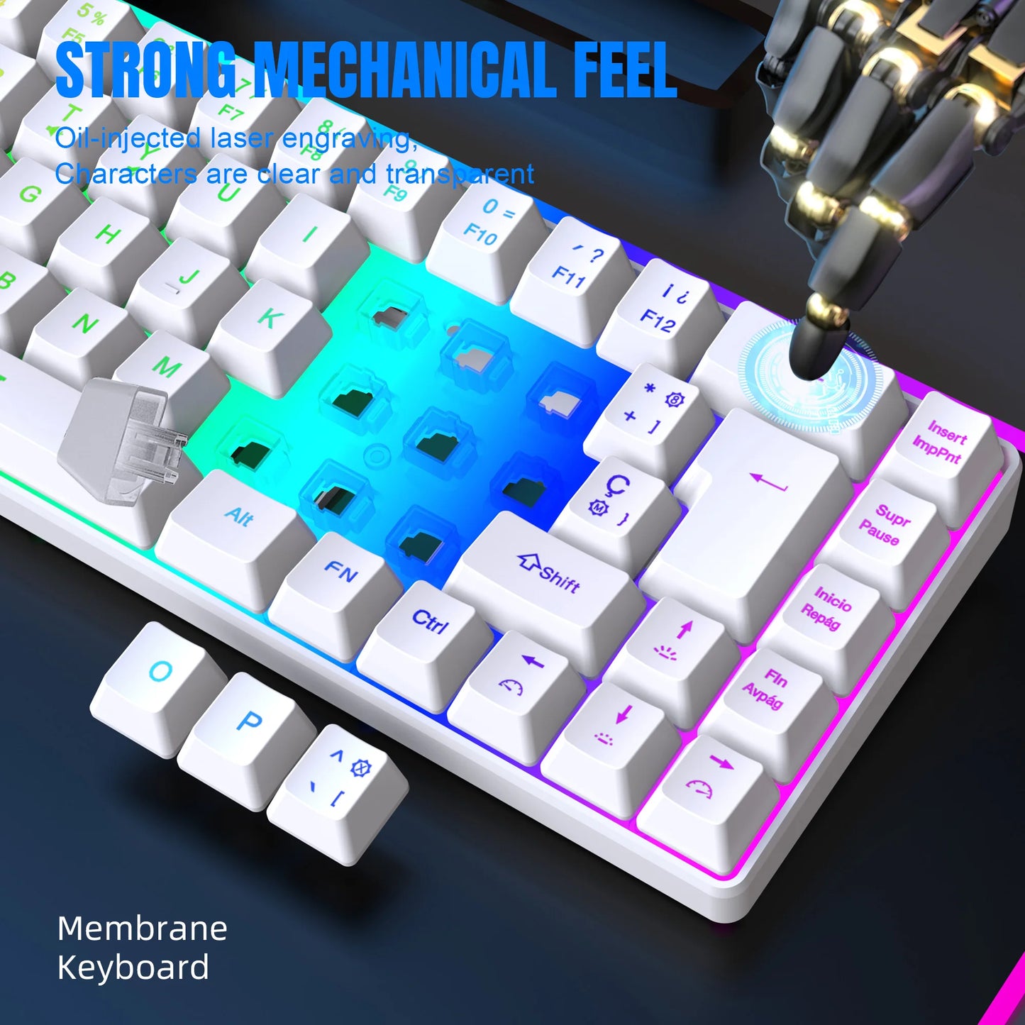Promoção imperdível! Teclado gaming com fios espanhol de 69 teclas, retroiluminação RGB e design compacto 68%, um acessório indispensável para profissionais de escritório e gamers