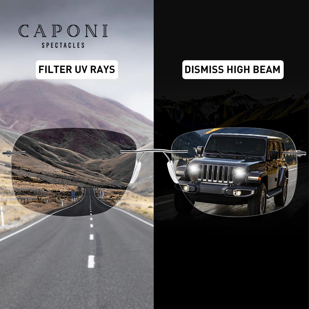 CAPONI Square Sun Glasses For Men Photochromic Polarized Rimless Sunglasses Classic Design High Quality Eyewear UV400 BS7467