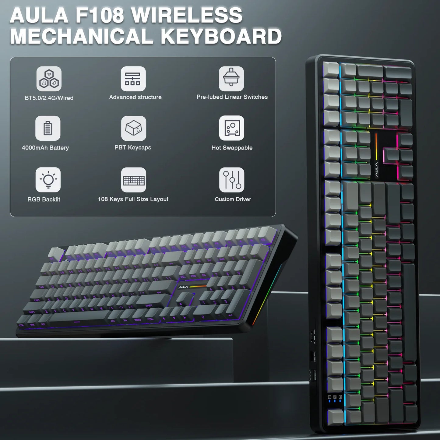 AULA F108 Keyboard 100% Layout 1K Polling Rate Mechanical Gaming Keyboard Hot Swappable Linear Switch with Macro Software