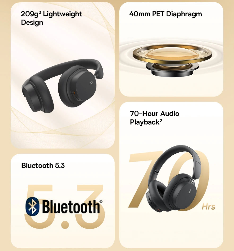 Auscultadores Over-Ear Sem Fios Bluetooth 5.3 Baseus – Driver HiFi de 40mm, Headset Dobrável com 70H de Autonomia e Áudio Espacial