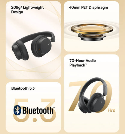 Auscultadores Over-Ear Sem Fios Bluetooth 5.3 Baseus – Driver HiFi de 40mm, Headset Dobrável com 70H de Autonomia e Áudio Espacial