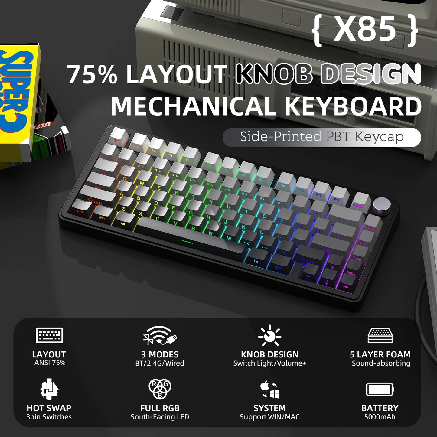 Teclado mecânico ATTACK SHARK X85 Tri-mode Gasket 75% com botão CNC, acolchoamento de 5 camadas, hot-swappable, retroiluminação RGB, NKRO