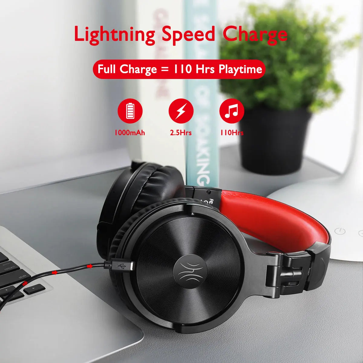 Auscultadores Gaming Sem Fios Bluetooth 5.2 OneOdio 110H – Autonomia de 110H, auscultadores over-ear com graves profundos e microfone, headset 2 em 1 com e sem fios para PC e PS4
