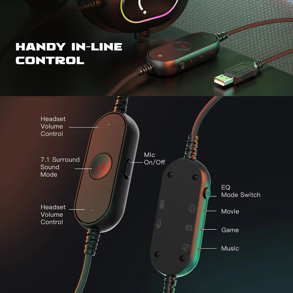FIFINE RGB Gaming Headset with Mic – 7.1 Surround Sound Over-Ear Wired Headphones for PC, PS4 & PS5 with 3 EQ Modes
