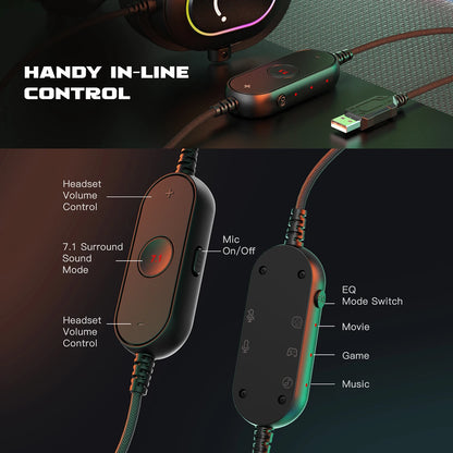 FIFINE RGB Gaming Headset with Mic – 7.1 Surround Sound Wired Over-Ear USB Headphones for PC, PS4, PS5, with EQ Modes & Noise Isolation
