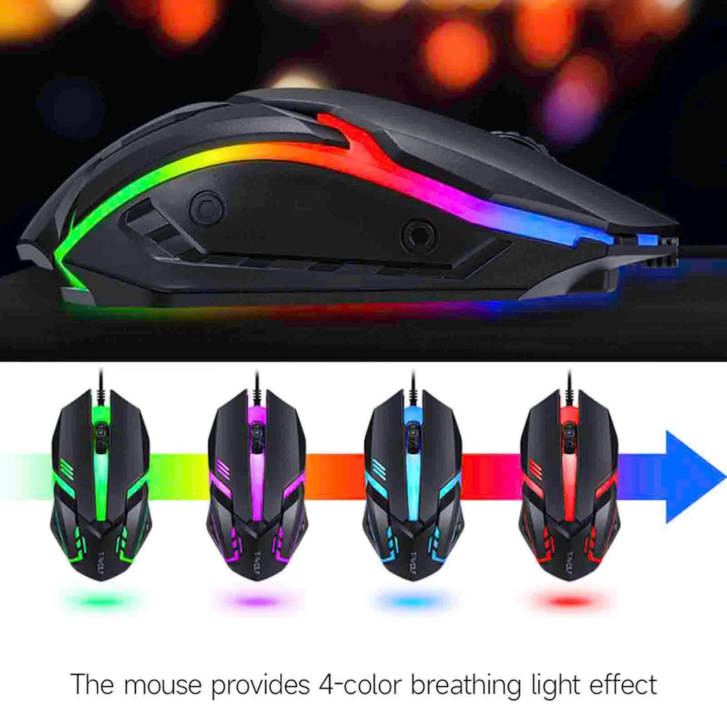 Conjunto Teclado e Rato Gaming 4 Peças Ergonómico, Teclado de 104 Teclas, Rato com Iluminação Respirante de 4 Cores, Auscultadores e Tapete de Rato Antiderrapante