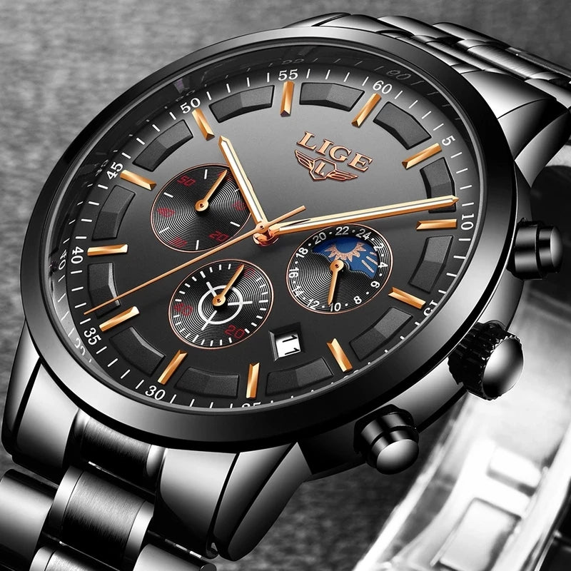 LIGE herenhorloge – Luxe quartz-chronograaf, waterdicht (3 bar), met lichtgevende wijzers – Cadeautip (inclusief doos)