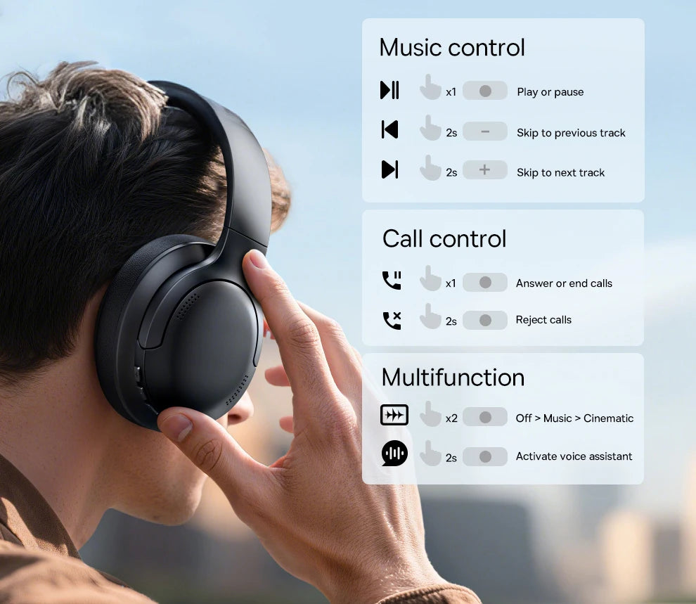 Auscultadores Over-Ear Sem Fios Bluetooth 5.3 Baseus – Driver HiFi de 40mm, Headset Dobrável com 70H de Autonomia e Áudio Espacial