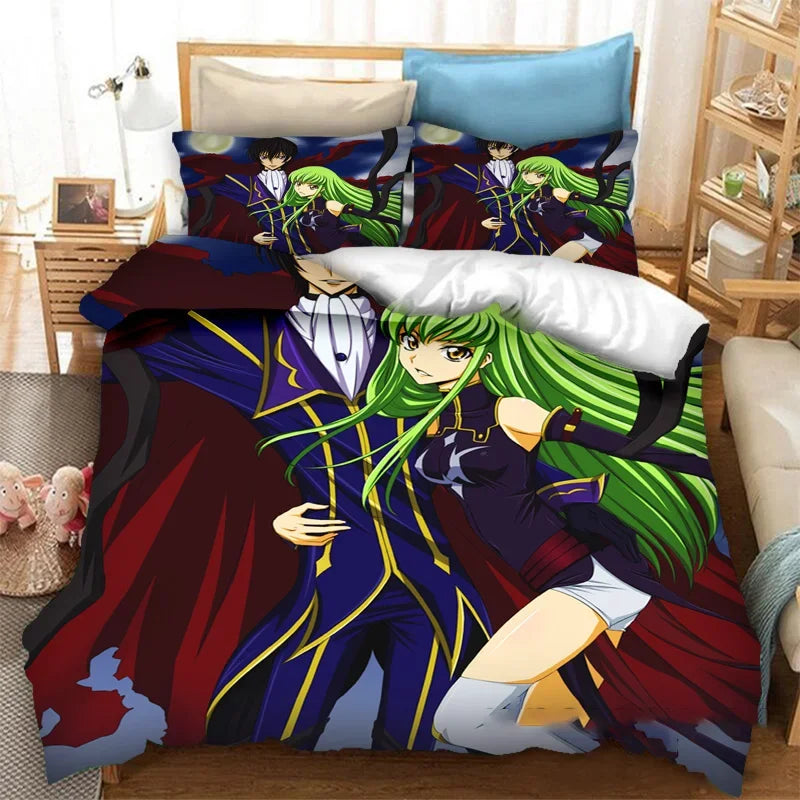 Módní 3D tištěné povlečení na přikrývku Anime Code Geass, 2/3dílná sada ložního prádla Double Twin Full Queen King pro dospělé i děti, povlak na přikrývku