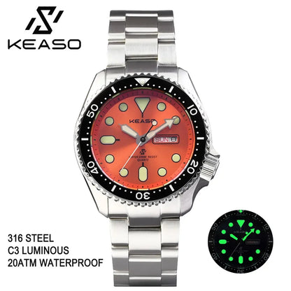 KEASO Top Men Dive Watch C3 Super Luminous 316L Solid Steel 20Bar Waterproof Sapphire Mirror MIYOTA 2035 Quartz Movement Watch