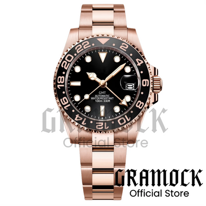 Gramock Rose Gold 40MM GMT NH34A Mechanical Watches Date Sapphire Crystal 100M Diving Rotating Bezel Men's Automatic Wristwatch
