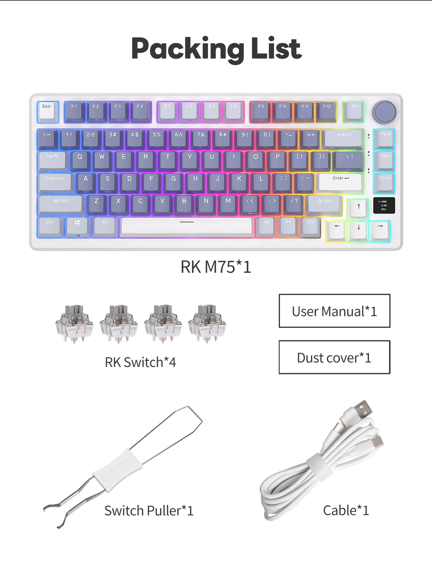 RK ROYAL KLUDGE M75 2.4G Wireless/Bluetooth/USB-C Mechanical Keyboard 81Keys RGB Hot-Swappable Gasket Gamer Keyboard with Screen