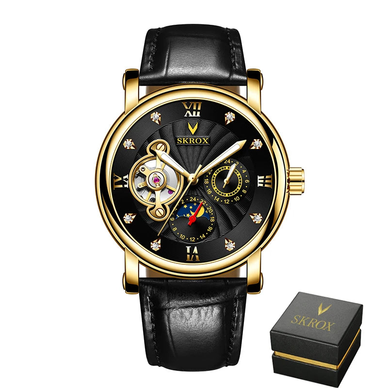 Luxus automatikus mechanikus férfi karóra, egy neves márka aláírásával, tourbillon-nal, holdfázis-kijelzővel és gyémántokkal díszítve – egy elegáns karóra.