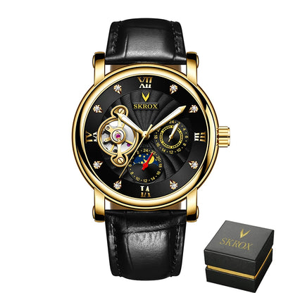 Luxus automatikus mechanikus férfi karóra, egy neves márka aláírásával, tourbillon-nal, holdfázis-kijelzővel és gyémántokkal díszítve – egy elegáns karóra.