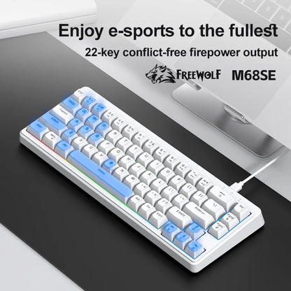 FREEWOLF M68SE 68% Mini Wired Keyboard RGB Backlit Silent Mechanical Feel Type-C Detachable Cable for PC Mac