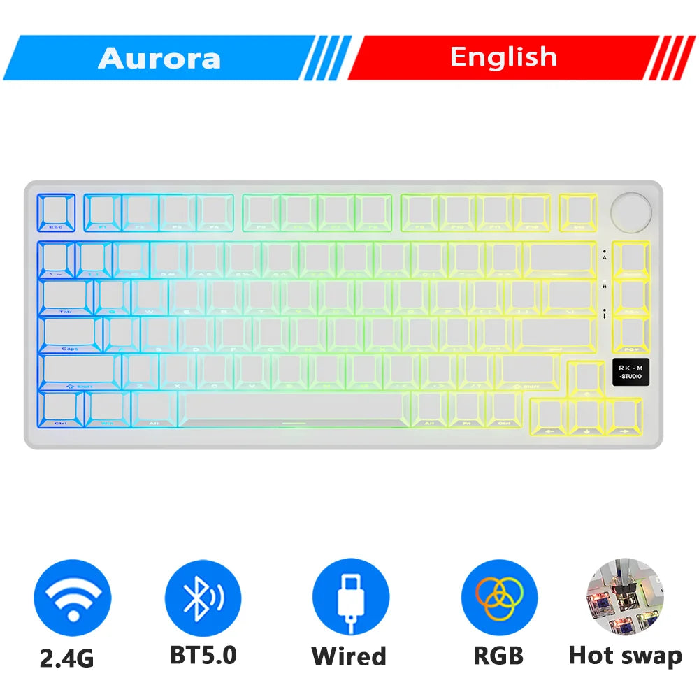 RK ROYAL KLUDGE M75 2.4G Wireless/Bluetooth/USB-C Mechanical Keyboard 81Keys RGB Hot-Swappable Gasket Gamer Keyboard with Screen