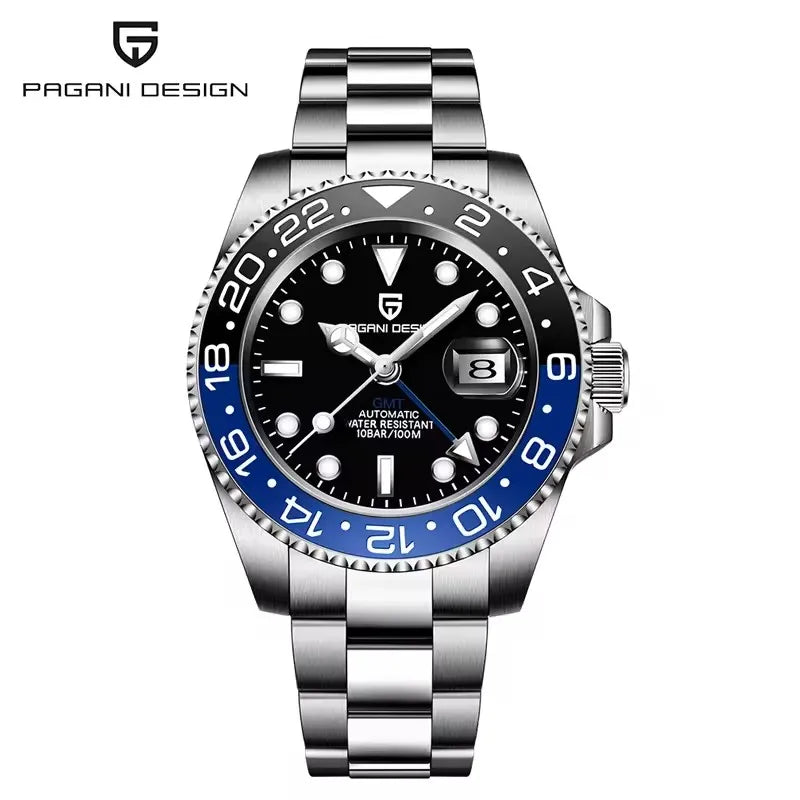 Montre mécanique pour homme PAGANI DESIGN (40 mm) – Cadran violet, fonction GMT, bracelet type Jubilee, verre saphir, étanche, mouvement automatique