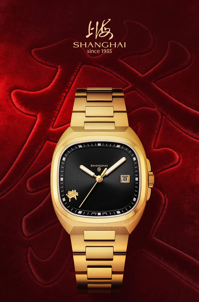 Shanghai Square Vintage Mechanical Watch 24K Gold Automatic Men's Watches 38mm Case 316L Stainless Steel Luxury Wristwatch SH030