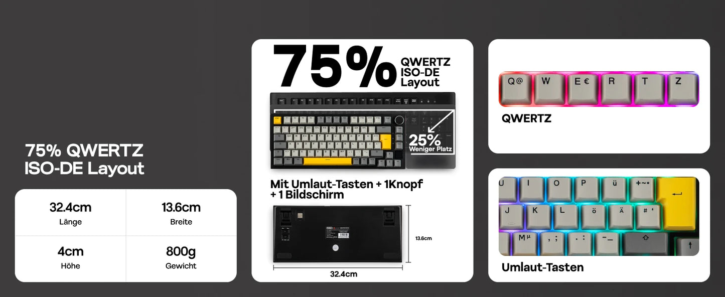 ISO-DE Layout AJAZZ AK820 PRO 75% QWERTZ German Layout Mechanical Keyboard Tri-Modes Wireless Keyboard with TFT Screen NKRO RGB