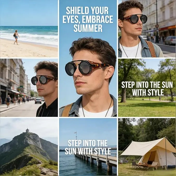 Adjustable 9-Gear ND Filter Steampunk Sunglasses UV400 Round Retro Punk Sun Glasses with Side Shields Leather Patch for Men Wome