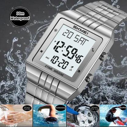 Skmei Luxury Digital Watches for Mens LED Waterproof Date Week Display Chronograph Fashion Dual Time Zones Bracelet Steel Watch